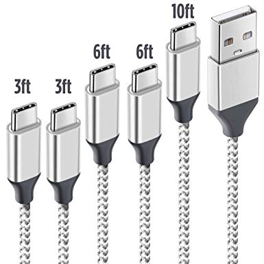USB Type C Cable [5-Pack(3ft 3ft 6ft 6ft 10ft)] 3.0 Type C Cable Charger Fast Charging Cord Support Samsung Galaxy S9 S8 Note 8 Pixel LG V30 G6 G5 Nintendo Switch