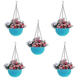 Friends Lenswale Hanging Basket Round Resin Flower Pot with Chain Hanging Pots for Home Office Decor, Indoor and Outdoor Garden Use, Balcony Multicolour (Pack of 5)