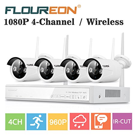 FLOUREON Wireless NVR kits CCTV House Camera System 4CH 1080P   4 Pack 960P Wireless IP Network Wifi Camera Night Vision Motion Detection For House/Shop/Office Security Monitor(4CH 4X 960P Camera)