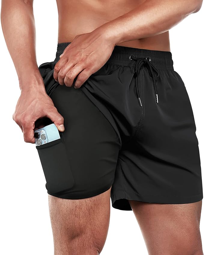 BRISIRA Mens Swim Trunks Swim Shorts for Men Quick Dry 5 inch Inseam Beach Shorts with Compression Liner Zipper Pocket