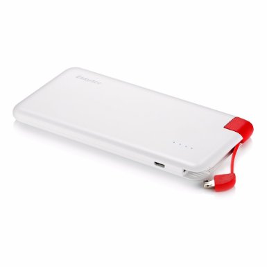 EasyAcc Cable 4000mAh Power Bank Ultra-Slim Portable External Battery Charger Built-in Micro USB Cable for Smartphone-White and Red