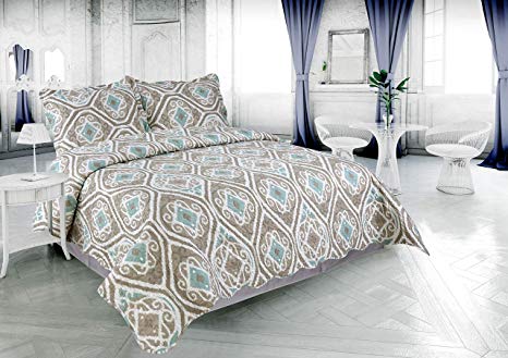 Marina Decoration Pinsonic Embossed Printed Coverlet Bedspread Ultra Soft 3 Piece Summer Quilt Set with 2 Quilted Shams, Green Diamond Pattern Taupe Green Color Queen Size