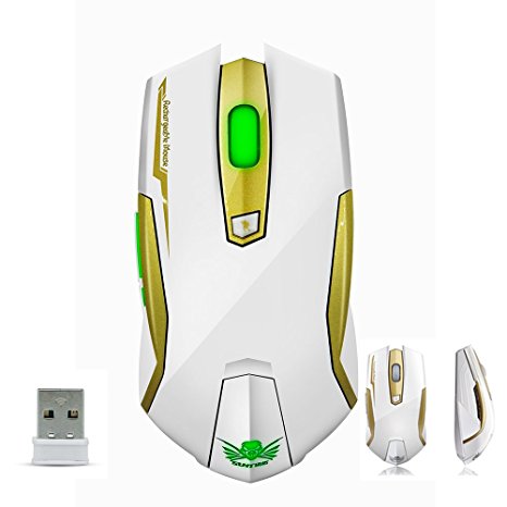 SROCKER X9 2.4GHz Wireless Rechargeable Professional Gaming Mouse/Mice Optical LED 4 Adjustable DPI Levels Silent Click with 6 Buttons, Nano Receiver and 2 Meters Long USB Charging Cable for Gamers