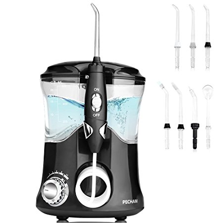 PECHAM 600ml Capacity Professional Water Dental Flosser for Home & Travel - Leak-Proof Electric Quiet Design Oral Irrigator with7 Interchangeable Nozzles for Adults & Kids, Black & White