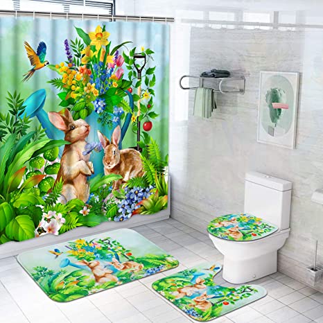 4 Pcs Happy Easter Shower Curtain Sets with Non-Slip Rug, Toilet Lid Cover and Bath Mat, Easter Eggs Rabbit Shower Curtain with 12 Hooks, Waterproof Spring Flower Shower Curtain for Bathroom Decor