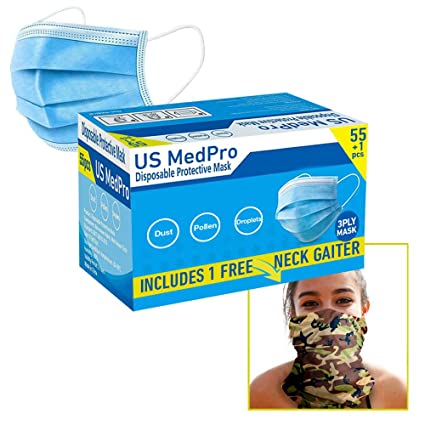 55 Pack Plus 1 Reusable Neck Gaiter only if Purchased from US MEDICAL PRO) Plus Disposable Face Masks 55 ct Surgical Medical Industrial Quality 3-Ply New Blue