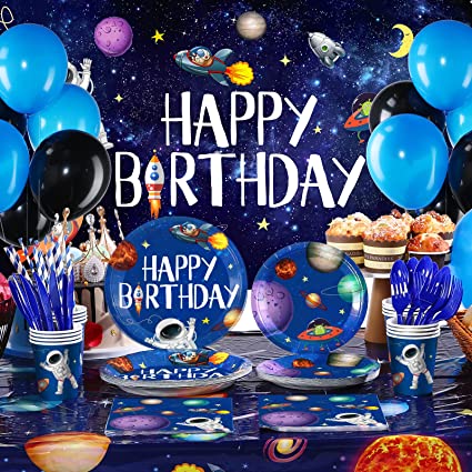 150 Pieces Outer Space Party Supplies Galaxy Birthday Party Decorations Solar System Planet Happy Birthday Backdrop Banner Universe Tablecloth Plates Balloons for Kids Party, Serves 16 Guests