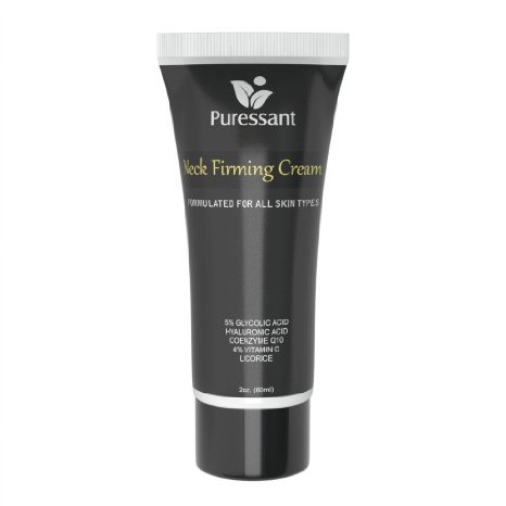 Puressant Neck Firming Cream - 2 oz. With Hyaluronic Acid, Coenzyme (CoQ10), Licorice, Vitamin C, Glycolic. For tightening sagging skin and wrinkles | Can use on face, chest and body with wraps.