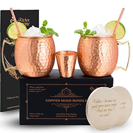 Moscow Mule Copper Mugs Set of 2 - 100% Real Copper 2 Premium Copper Cups + 2 Solid Copper Straws + 2 Unique Wooden Coasters + 1 Shot Glass & the Moscow Mule Recipe Book in the Deluxe Gift Box