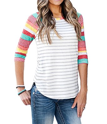 MEROKEETY Women's Striped Contrast Color Tops 3/4 Sleeve Baseball Tee Shirt Blouse