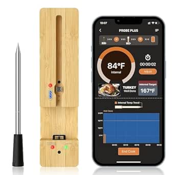 300FT Smart Meat Thermometer Wireless - Bluetooth Meat Thermometers for Grilling and Smoking, Probe Lasts Up to 16 Hours, Wireless Meat Thermometer Digital for BBQ Oven Grill Smoker Rotisserie