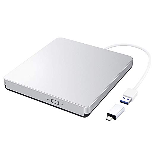 TOPELEK CD/DVD External Drive with USB3.0 and Type-C Interface, Faster Speed Transmission and Portable Design, CD-ROM/DVD-RM Reader and Writer with Fashionable Silver, Compatible with Windows and Mac