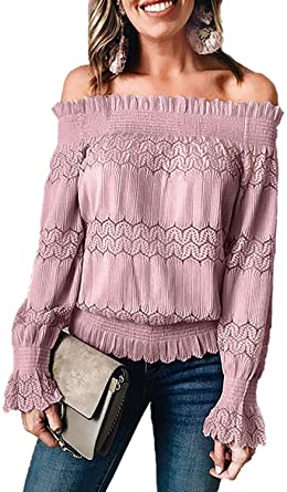 ROSKIKI Women’s Sexy Stretchy Off Shoulder Ruffle Long Sleeve Smocked Waist Lace Crochet Chic Blouse Tops Shirt