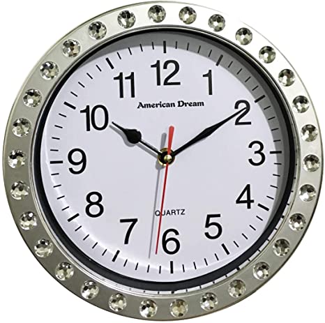 DINY Home & Style Wall Clock Quiet Sweep Second Hand Non Ticking Technology Quartz Movement Diamond Embellished (Silver)