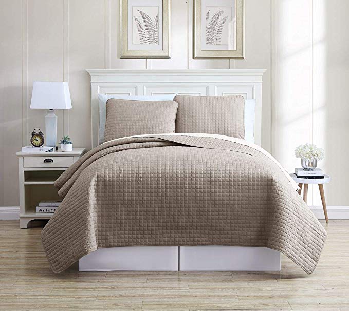 Oversized Solid Taupe Grid Bedspread/Quilt Set King