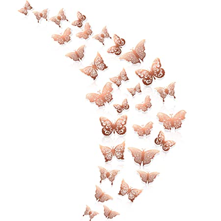 60 Pieces 3D Butterfly Wall Decals Sticker Butterfly Decals Removable Butterfly Decorations Sticker DIY Butterfly Metallic Wall Stickers in 5 Styles for Home Nursery (Rose Gold)