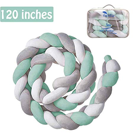 Luchild Baby Braided Crib Bumper Soft Snake Pillow Protective & Decorative Long Baby Nursery Bedding Cushion Knot Plush Pillow for Toddler Newborn-Gray White Green