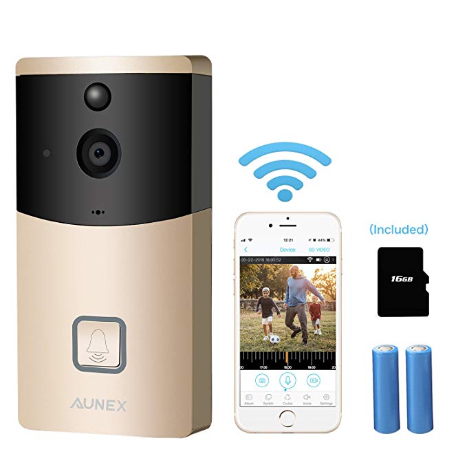 Video Doorbell Wireless Smart 720P HD Security Camera Doorbell with 16G Card 2 Batteries - Gold
