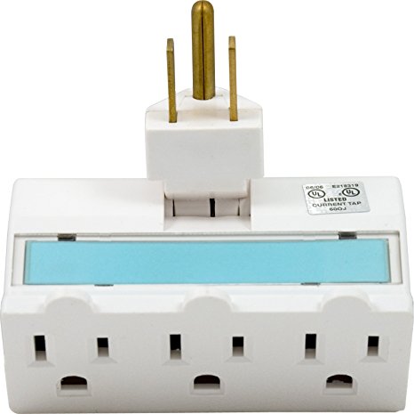 GE 14442 Three-Outlet Polarized Grounded Swivel Power Tap Night Light, White with Soft Blue Glow