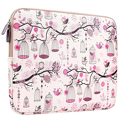 Plemo Laptop Sleeve 15 - 15.6 Inches Canvas Fabric Cover Case for MacBook / Notebook / Dell / Hp / Acer / Asus, Colorful Bird Pattern, Pink