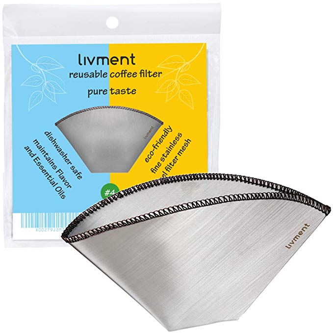 livment Reusable Coffee Filter - Stainless Steel Mesh Permanent Filter | Paperless Cone Shaped Filter for Coffee Machine, Pour Over and Hand Filter | Pure Taste (Size #4)
