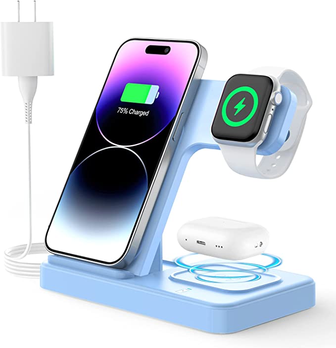 Wireless Charger, Charging Station 3 in 1, Fast Wireless Charger Stand Dock for iPhone 14/13/12/11/Pro/Max/Plus/XS/XR/X/8, Apple Watch 8/7/6/5/4/3/2/SE & AirPods(Blue)