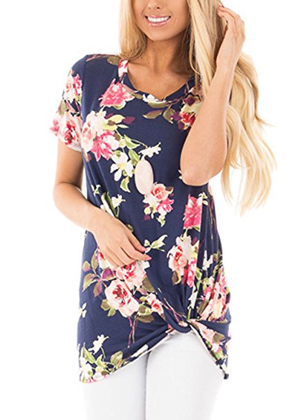 Dokotoo Womens Summer Casual Short Sleeve Floral Knot Blouse Tops and T-Shirts