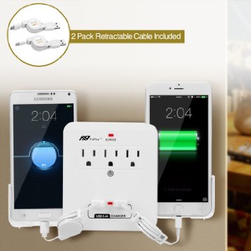 Wall Socket FlePow 3-Outlet Surge ProtectorPower Strip with 2-USB Charging Port and 2 Slide-out Holders18 Pin and 1 Micro USB Retractable Cable for Iphone Ipad and Micro USB Powered Device