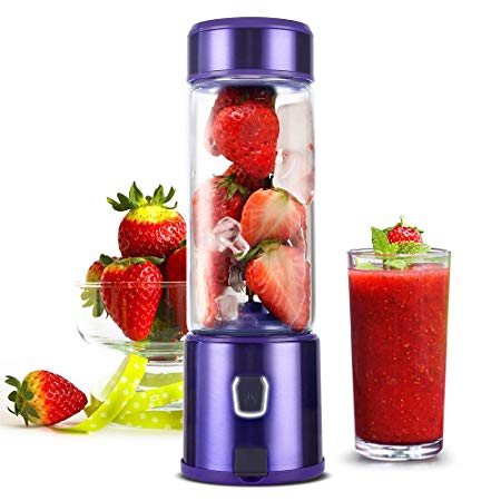 Portable Glass Smoothie Blender, H HUKOER S-POW Small Personal Portable Travel USB Blender for Shakes and Smoothies with 5200mAh Rechargeable Battery, Juicer Cup Single Serve Fruit Mixer for Baby Food Father Day Gift, FDA BPA Free, LED Light Design (Purple)