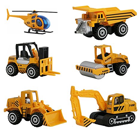 Soophen Construction Toys Sets,6 Pieces Mini Vehichles,Including Dumper,Bulldozers,Forklift,Helicopter,Asphalt Car and Excavtor,Free Wheeling Cars For Children Kids Boys and Girls