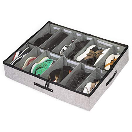 storageLAB Under Bed Shoe Storage Organizer, Adjustable Dividers - Fits Up to 12 Pairs - Underbed Storage Solution