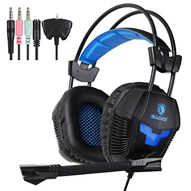 Gaming Headset SADES 807 for PS4 New Xbox One Gaming Headphone Over Ear 3.5mm Plug Wired with Mic Volume Control for PC Laptop Mac Phone (Black&Blue)