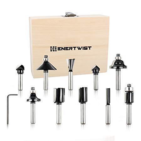 ENERTWIST 1/4" Shank Tungsten Carbide Router Bit Set in Wood Case with Hex Wrench for Bearing Woodworking Router Bits, ET-RTA-10 10-Pieces