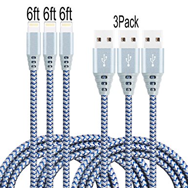 E-POWIND 3PACK [6]ft Lightning Cable with Ultra-compact Connector Charging Cable Cord For iPhone7/7plus/6/6plus/6s/6splus,iPhone 5/SE, iPad, iPod on Latest IOS10.Latest Version(GRAY BLUE)