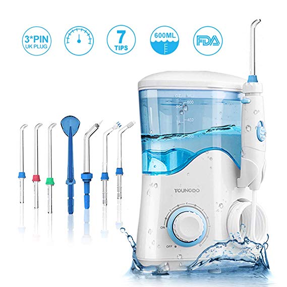 Water Flosser for Teeth,YOUNGDO Dental Oral Irrigator with 600ml Reservoir and 7 Jet Nozzles,2-Modes 10 Stepless Water Pressure,3 Pin UK Plug,FDA Approved