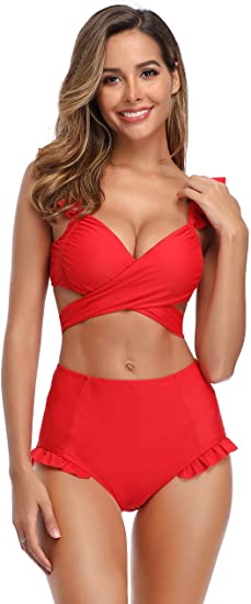 SHEKINI Women's Ruffle Push Up Bikini High Waisted Bottoms Two Piece Swimsuits