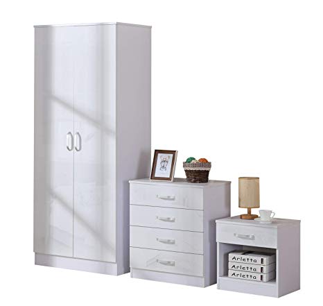 Fairpak Gladini High Gloss 3 Piece Bedroom Furniture Set - Includes Wardrobe, 4 Drawer Chest, Bedside Cabinet (White)