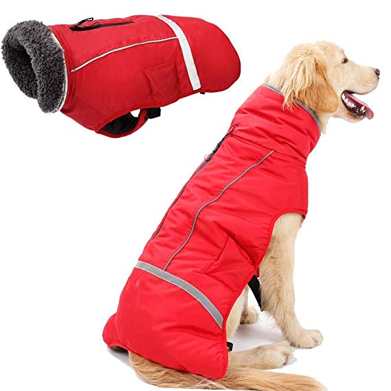 Petneces Dog Winter Coat Thickness Warm Fleece Lined Jacket Outdoor Waterproof Reflective Vest for Winter