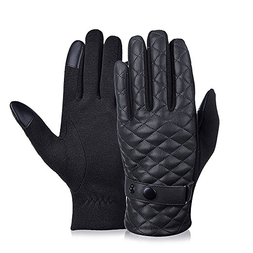 Vbiger Men's PU Leather Gloves Winter Touch screen Cycling Gloves