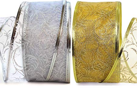 Xmas Ribbon - Ribbons Set 25 Yard Gift Wrap Ribbon Wired 2.5 inch Gold & Silver Sheer Organza 2 Pack Rolls 50 Yd Kit for Craft, Wedding Decoration, Christmas Tree, Florist, Holiday Gifts