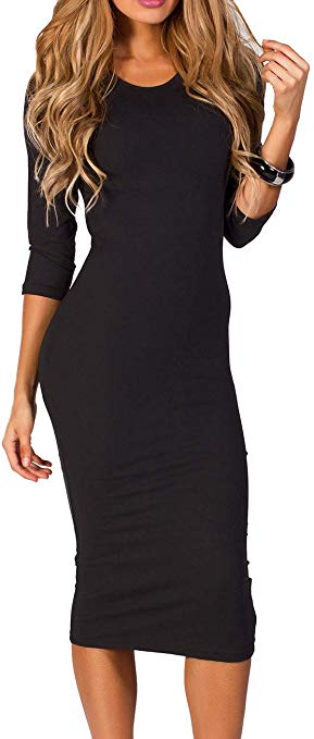 ICONOFLASH Women's 3/4 Sleeve Bodycon Midi Dress Crew Neck Fitted Dresses with Plus Size Options