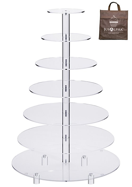 Jusalpha Large 7-Tier Acrylic Round Wedding Cake Stand-Cupcake Stand Tower-Dessert Stand-Pastry Serving Platter-Food Display Stand For Large Event (Large With Rod Feet Base)