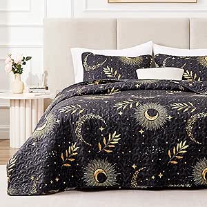 EXQ Home Quilt Set Full Queen Size Black Print 3 Piece,Lightweight Soft Coverlet Modern Style Moon Pattern Bedspread Set(1 Quilt,2 Pillow Shams)