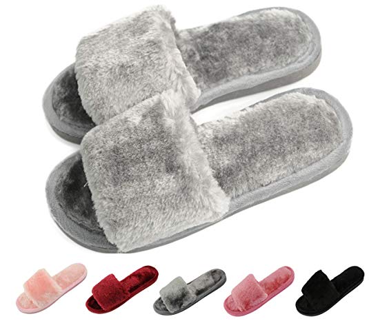 Women's Fuzzy Fluffy Furry Fur Slippers Flip Flop Open Toe Cozy House Sandals Slides Soft Flat Comfy Anti-Slip Spa Indoor Outdoor Slip on