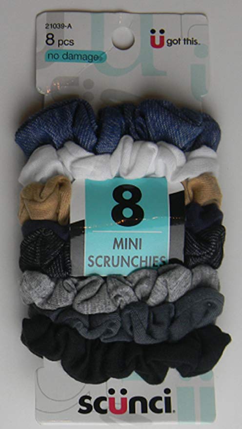 Scunci Effortless Beauty Mini Scrunchies No-damage Assorted Denim-Colors Elastics 8 Count, Ponytailers