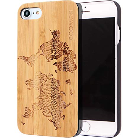 iPhone 7 and 8 Wood Case | Real Natural Bamboo World Map Design Engraved on Backside and Durable Hard Polycarbonate Shockproof Bumper with Shock Absorbing Rubber Coating