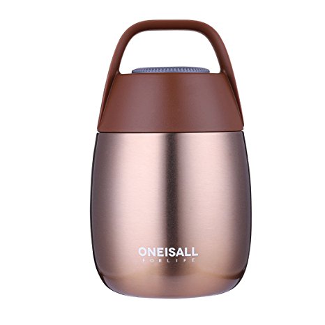 ONEISALL GYBL116 450ML Cute Student Stainless Steel Food Flask with Foldable Spoon and Sturdy Handle ,Insulated Mini Food & Soup Thermal Flask for Kids , 384G (Gold)