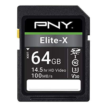 PNY 64GB Elite-X Class 10 U3 V30 SDXC Flash Memory Card, Read Speeds up to 100MB/S (P-SD64GU3100EX-GE)