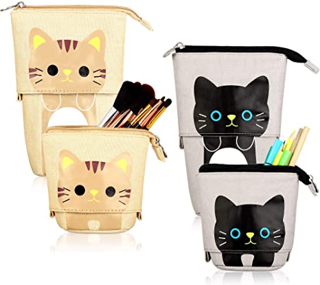 2 Pieces Cute Stand Up Pencil Case Canvas PU Cat Pencil Holder Sliding Cartoon Transformer Pencil Pouch Kitty Pen Organizer Bag with Zippers (Black and Brown Cat)