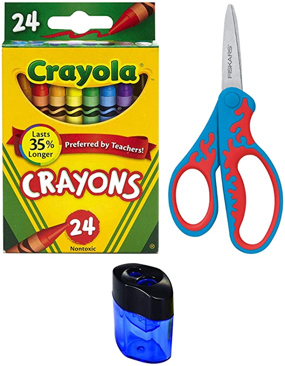 Crayola Crayons, 24 Count | Fiskars 5 Inch Softgrip Kids Scissors (Colors May Vary) | Crayon and Pencil Sharpener | Great School Bundle